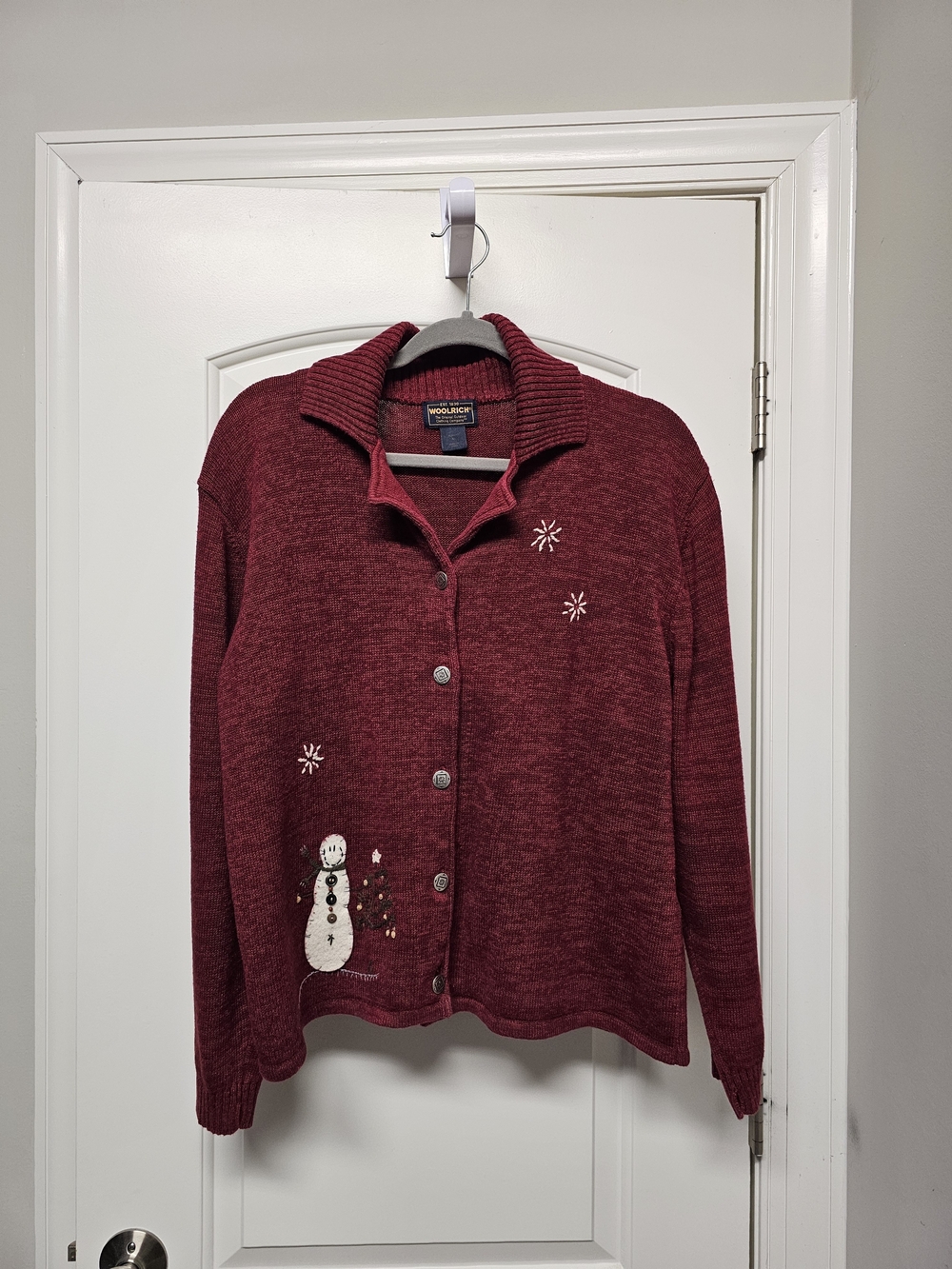 Woolrich Women's Burgundy Holiday Snowman Cardigan Sweater